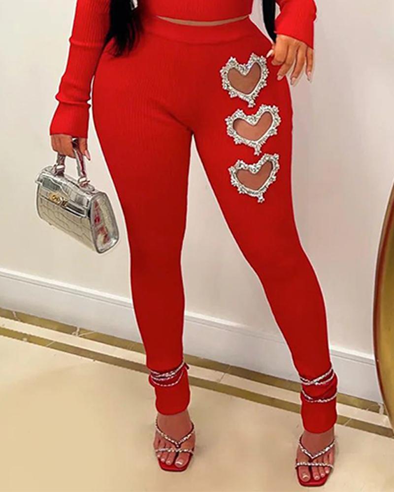 Hollow Heart Rhinestone Top & Pants Set