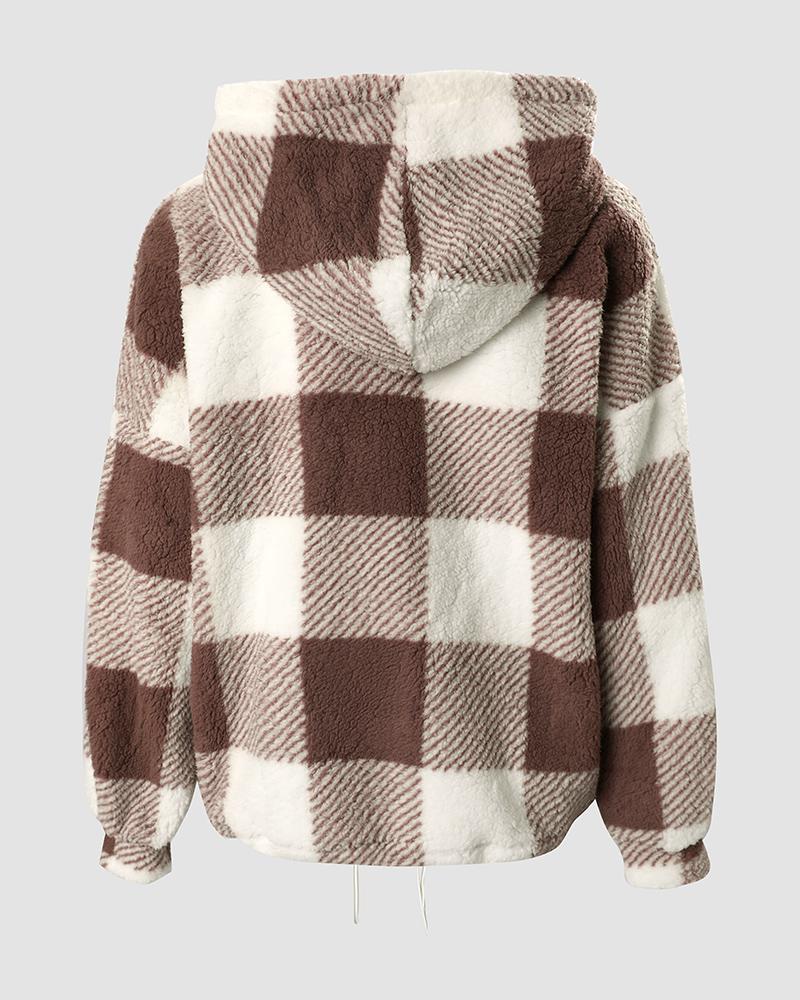 Plaid Print Long Sleeve Hooded Zip Up Teddy Coat