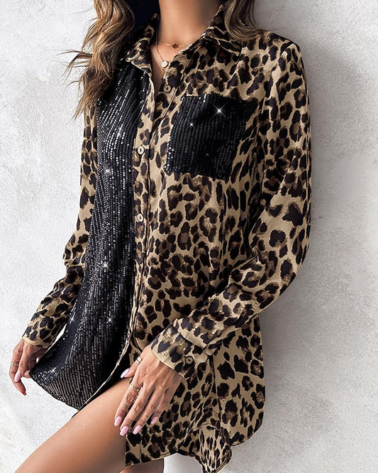 Contrast Sequin Leopard Print Satin Shirt Dress