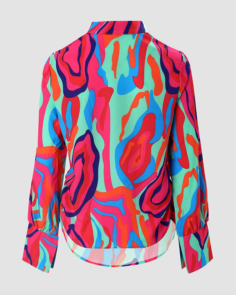 Abstract Print Cowl Neck Long Sleeve Top