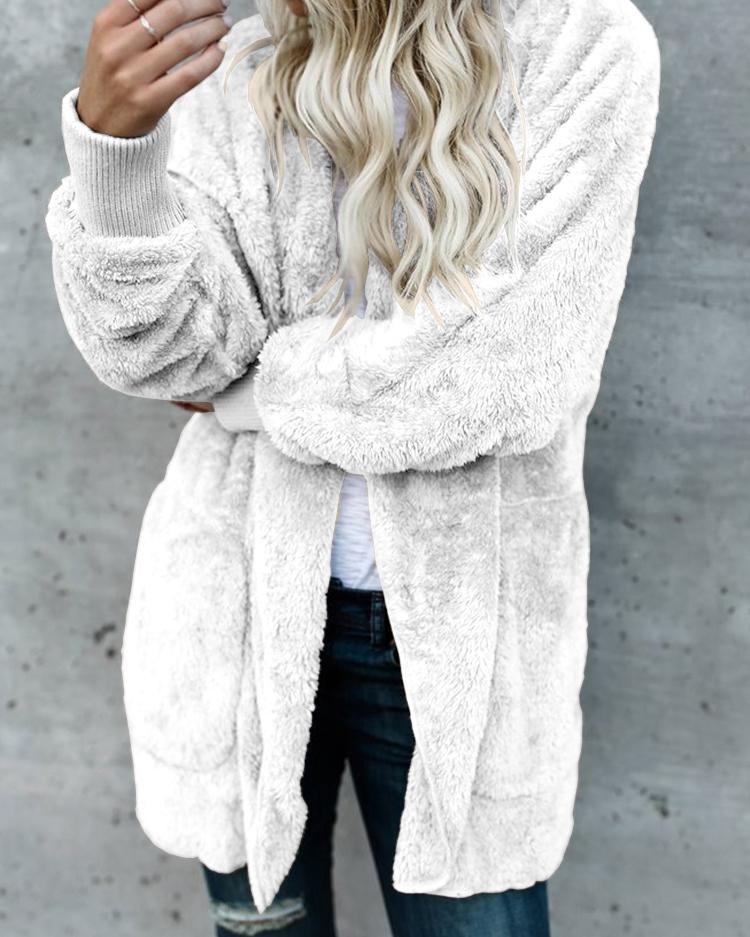 Warm Solid Pocket Design Hoodies Fluffy Coat