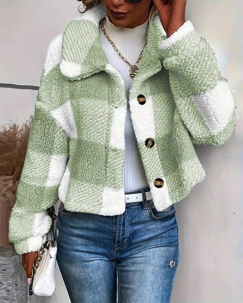 Plaid Pattern Turn down Collar Button Front Teddy Coat