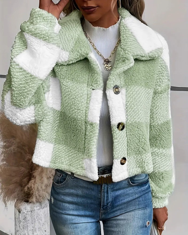 Plaid Pattern Turn down Collar Button Front Teddy Coat