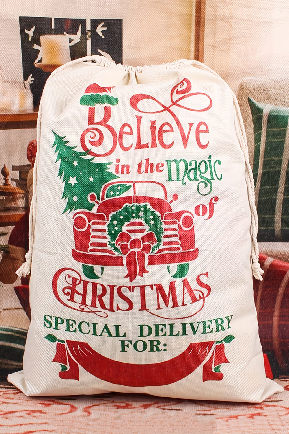 White Christmas Tree Truck Print Drawstring Large Gift Bag