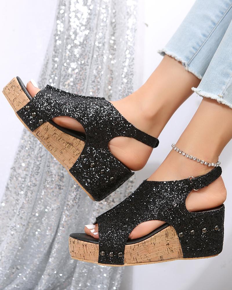 Slingback Peep Toe Glitter Wedge Sandals