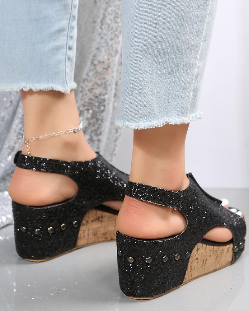 Slingback Peep Toe Glitter Wedge Sandals