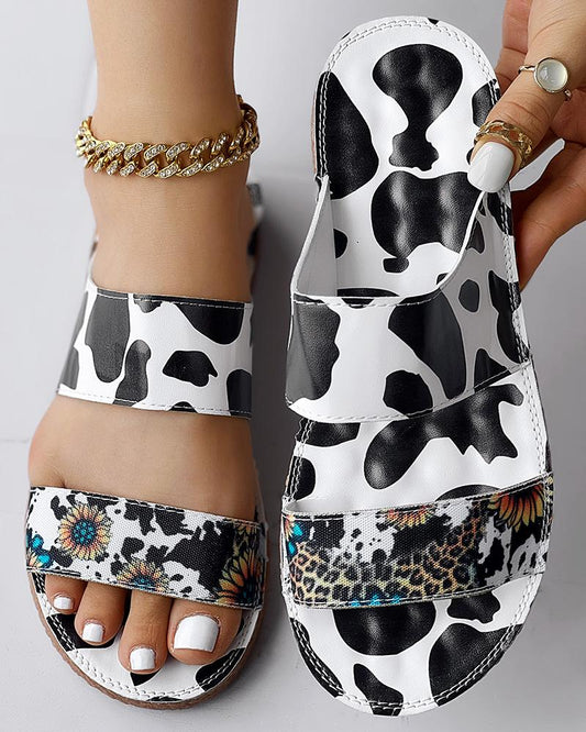 Sunflower Cow Leopard Print Double Strap Slippers Summer Sandals