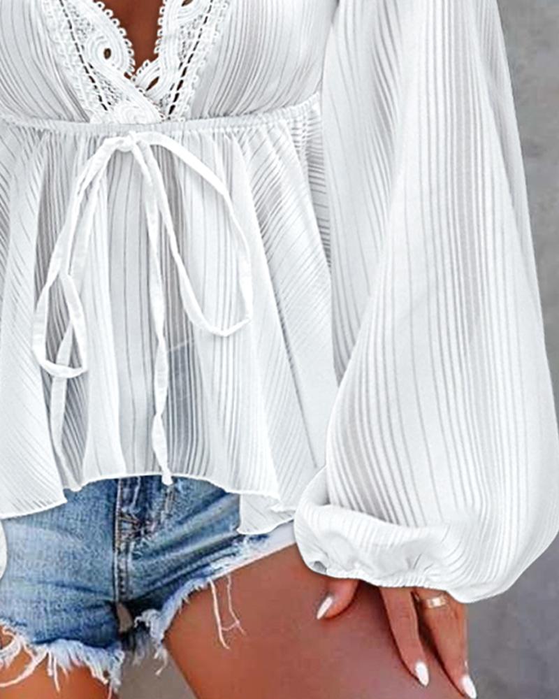 Lace Trim Plunge Lantern Sleeve Top