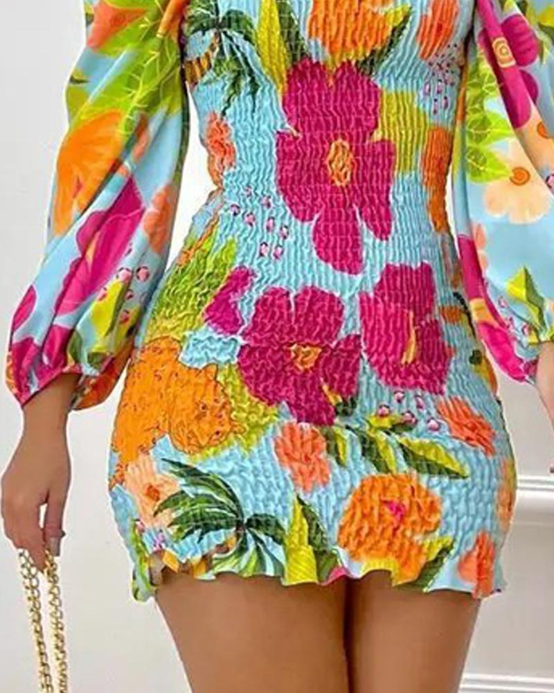 Tropical Print Puff Sleeve Shirred Dress