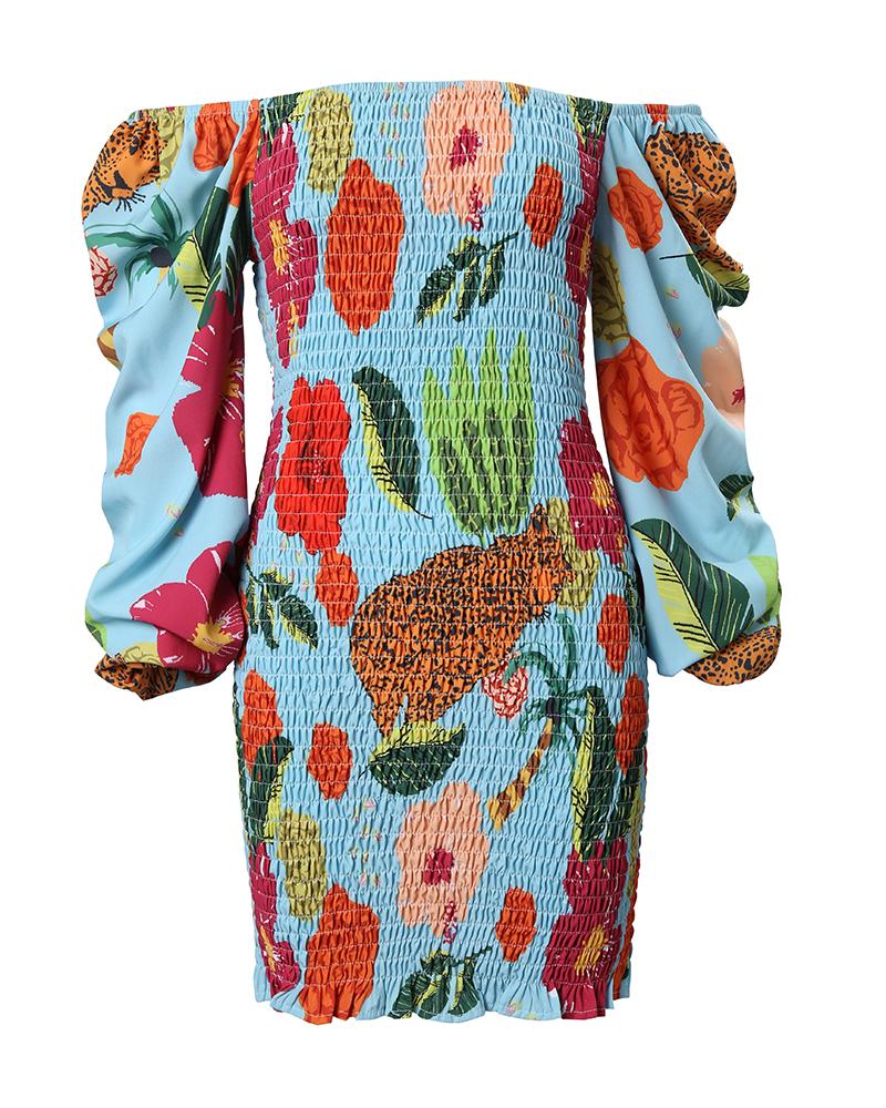 Tropical Print Puff Sleeve Shirred Dress