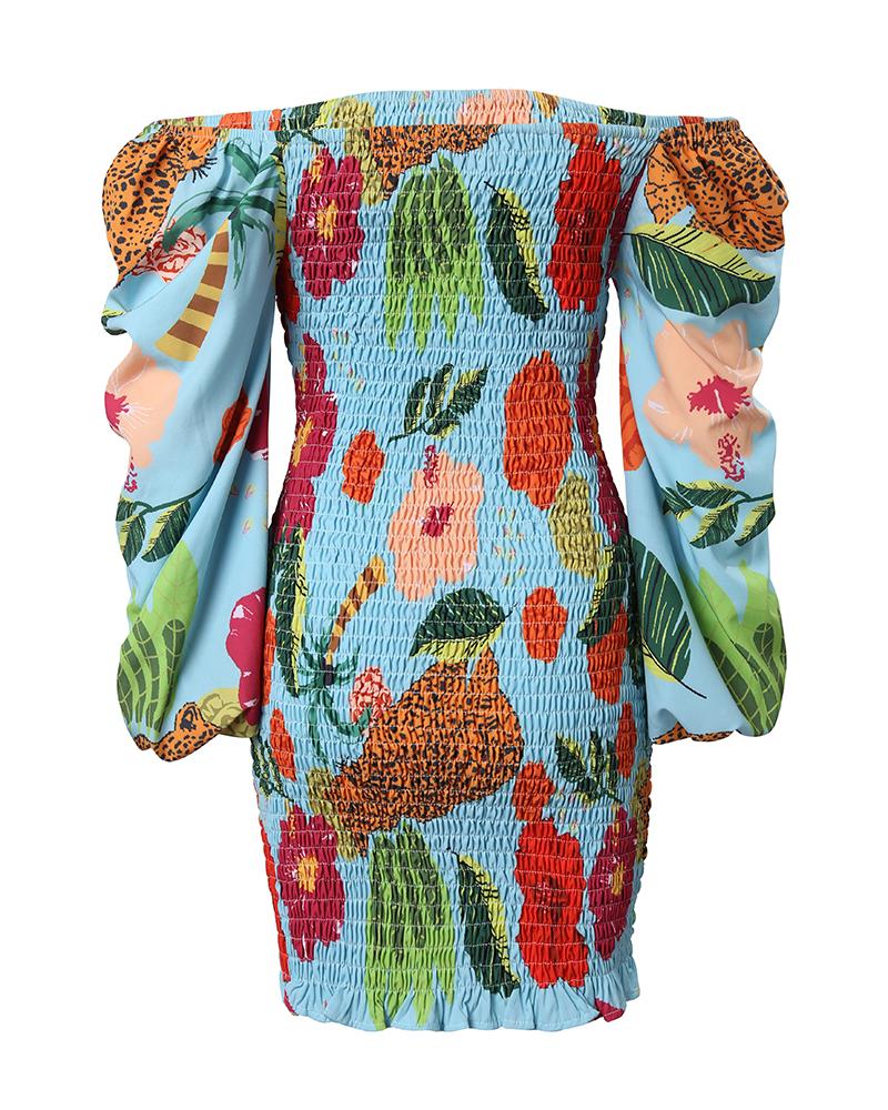 Tropical Print Puff Sleeve Shirred Dress