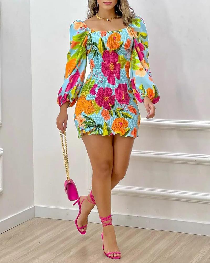 Tropical Print Puff Sleeve Shirred Dress