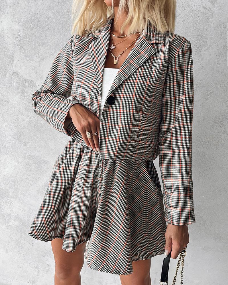 Plaid Print Blazer Coat & Pleated Skirt Set