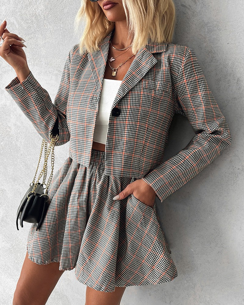 Plaid Print Blazer Coat & Pleated Skirt Set