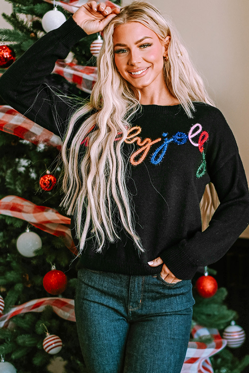 Black Holly Jolly Round Neck Casual Sweater