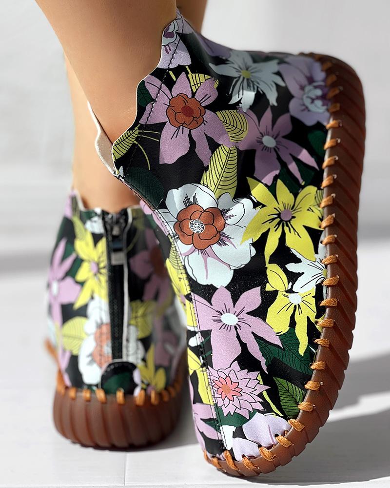 Floral Print Platform Ankle Boots