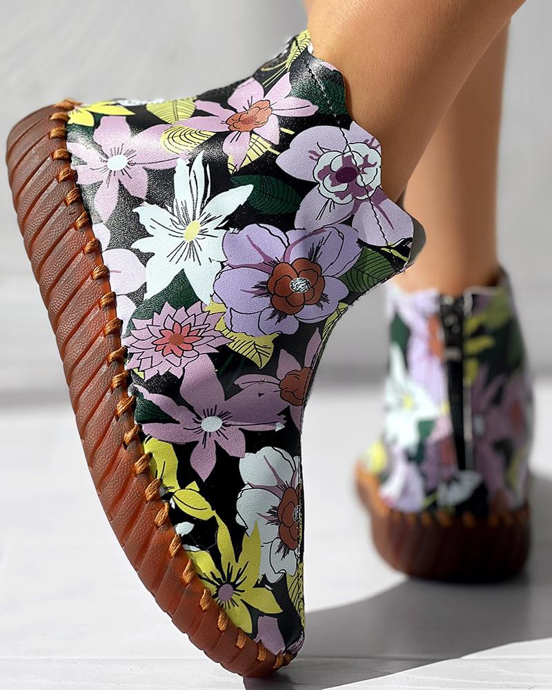 Floral Print Platform Ankle Boots