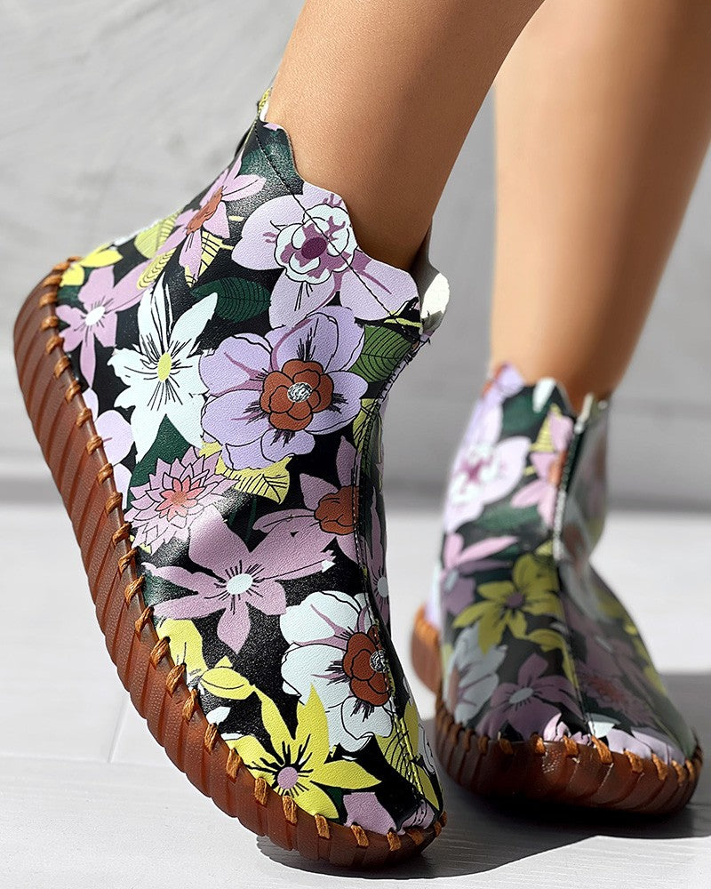 Floral Print Platform Ankle Boots