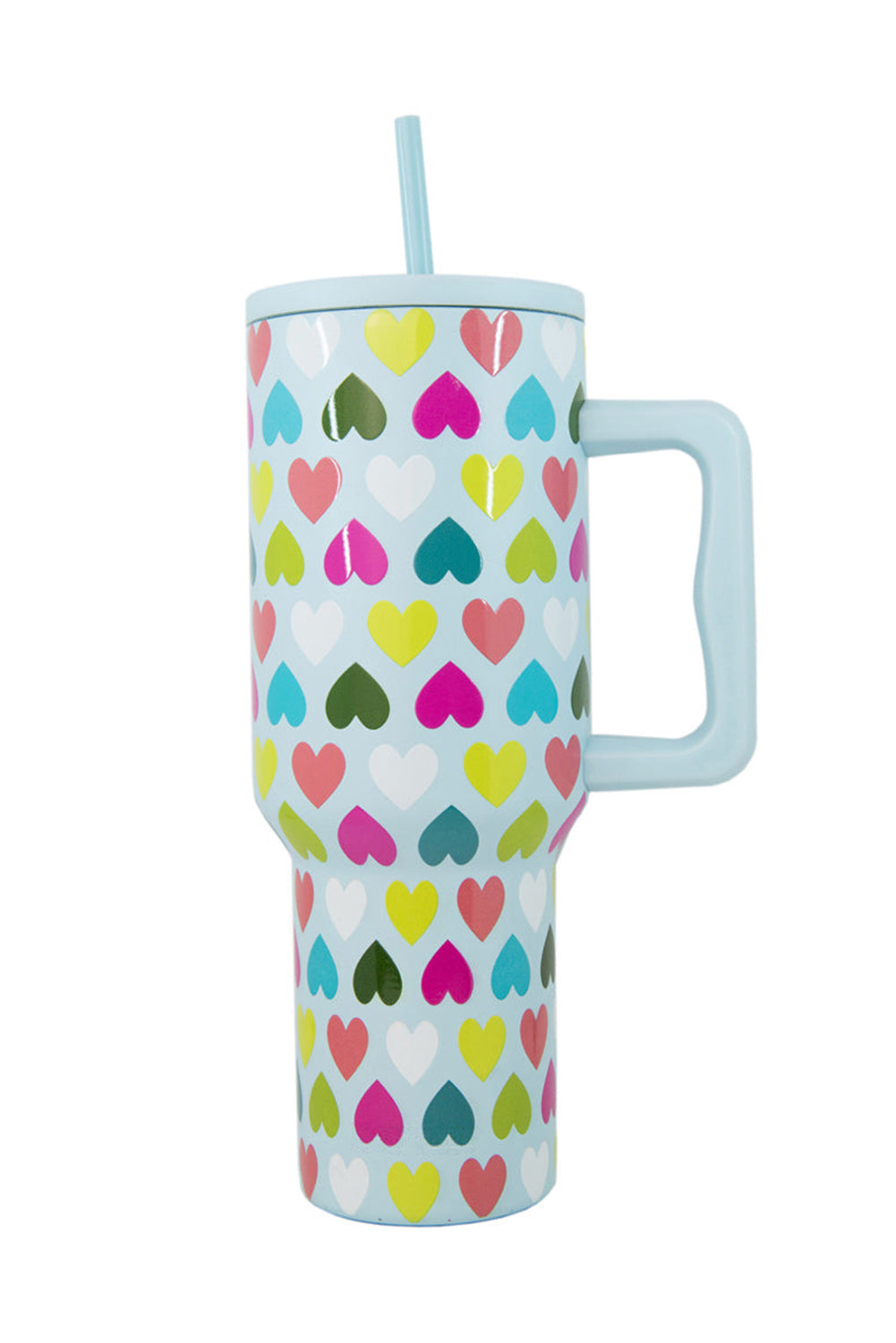 Beau Blue Heart Shape Print Handle Large Vacuum Cup 40oz