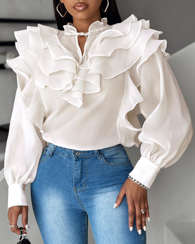 Frill Hem Ruffles Lantern Sleeve Top