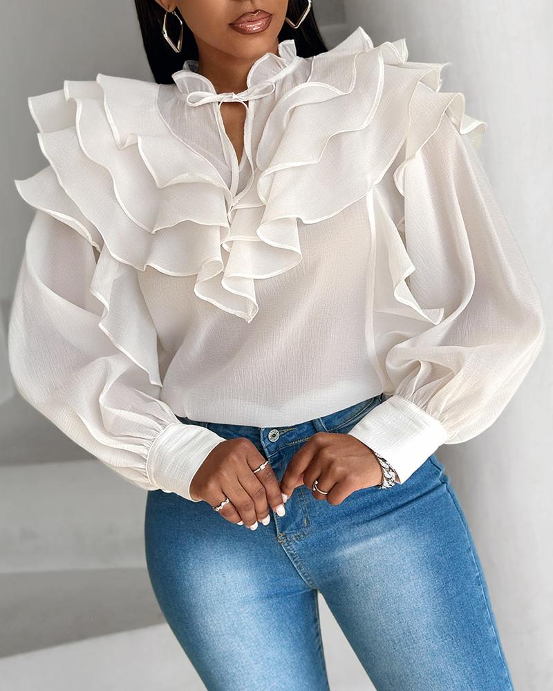 Frill Hem Ruffles Lantern Sleeve Top