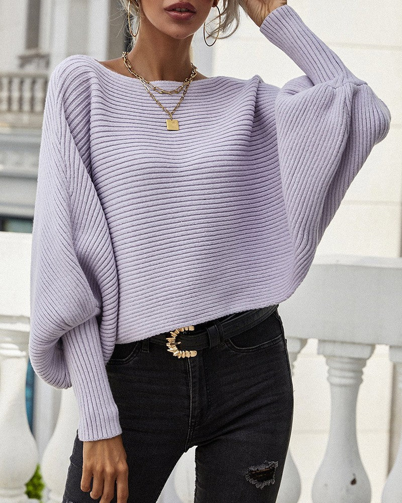 Long Batwing Sleeve Oversized Sweater Casual Crewneck Loose Ribbed Knit Pullover Tops