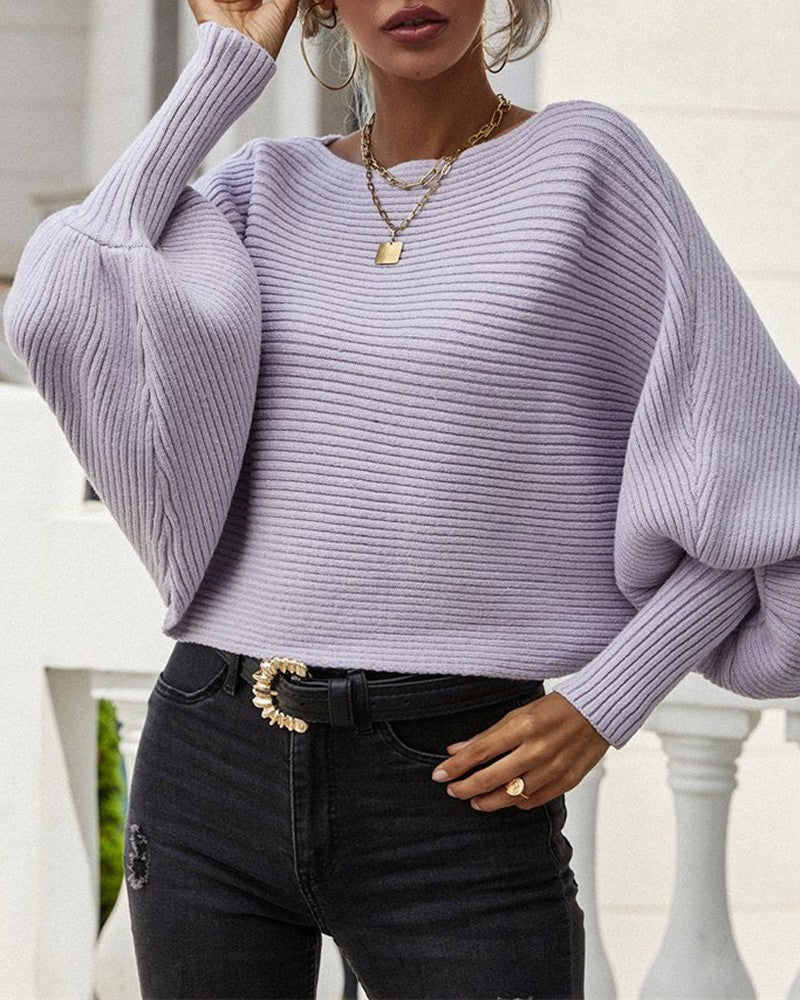 Lantern Batwing Sleeve Oversized Ribbed Knit Sweater