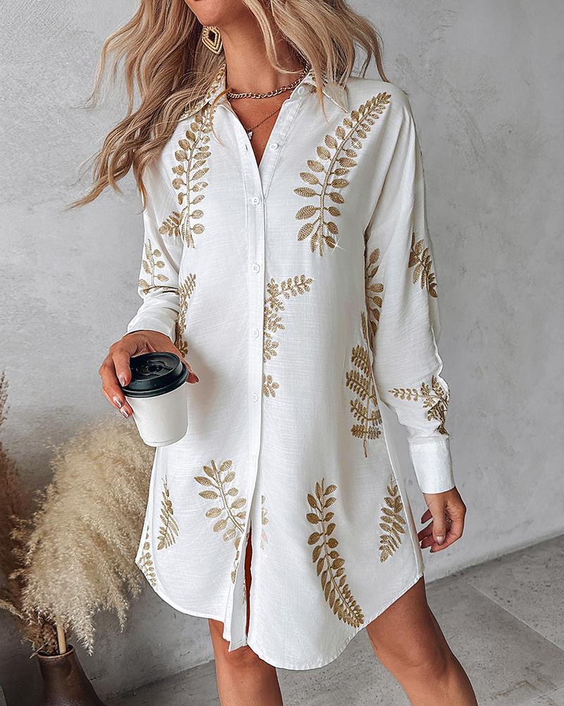 Leaf Embroidery Long Sleeve Shirt Dress