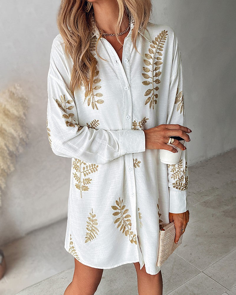 Leaf Embroidery Long Sleeve Shirt Dress