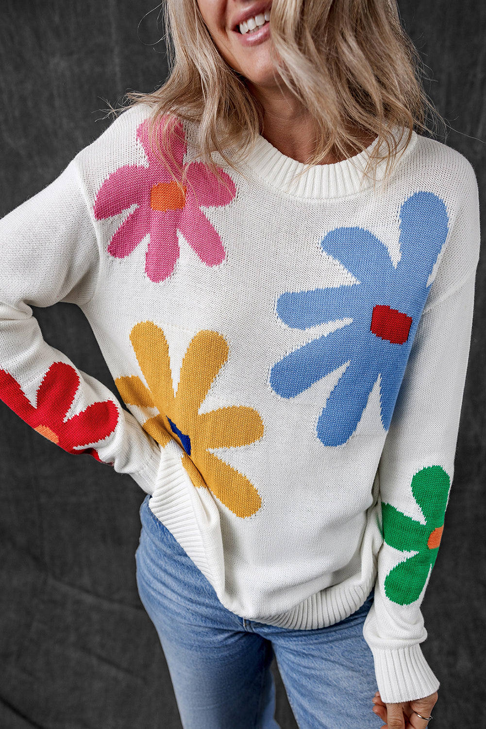 White Colorful Big Flower Pattern Crewneck Sweater