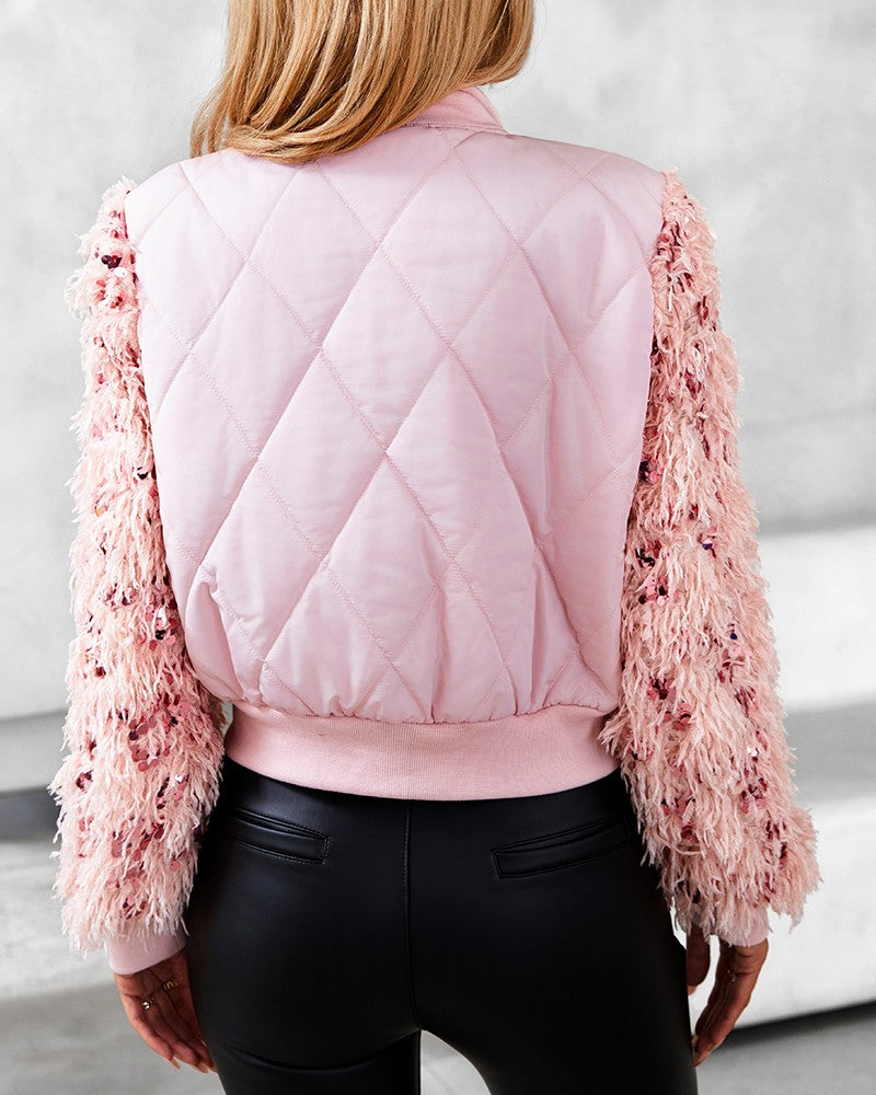 Fuzzy Contrast Sequin Patchwork Puffer Jacket