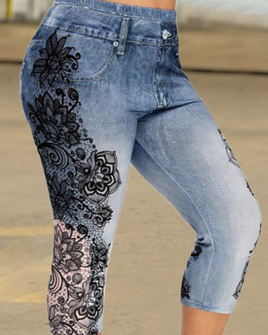 Floral Denim Look Print Butt Lifting Sports Leggings