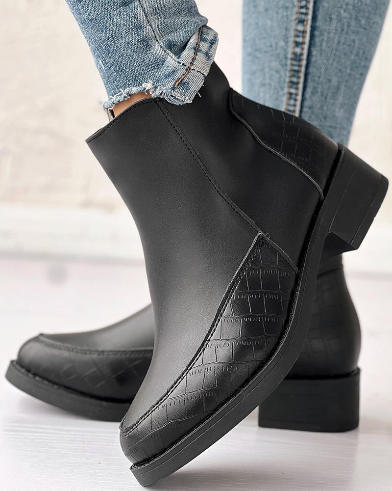 Side Zipper Patchwork Chunky Heel Ankle Boots