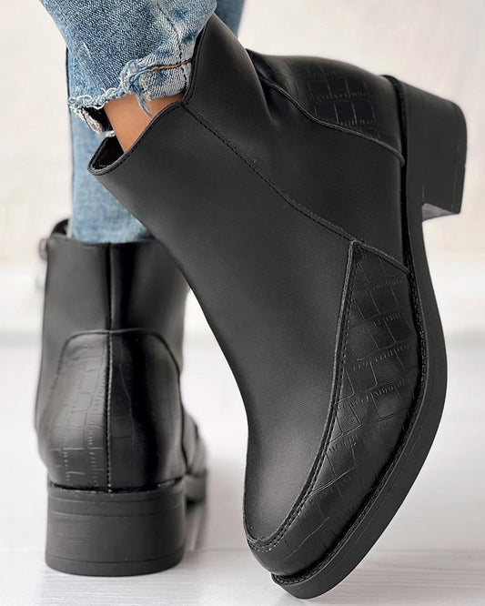 Side Zipper Patchwork Chunky Heel Ankle Boots