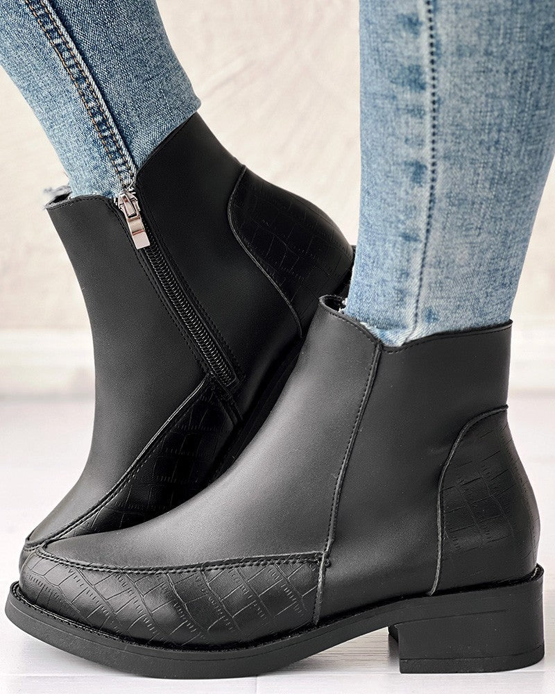 Side Zipper Patchwork Chunky Heel Ankle Boots