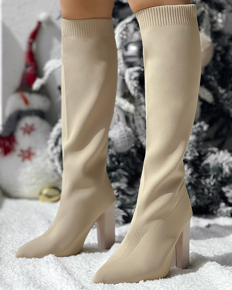 Point Toe Chunky Heel Calf Boots