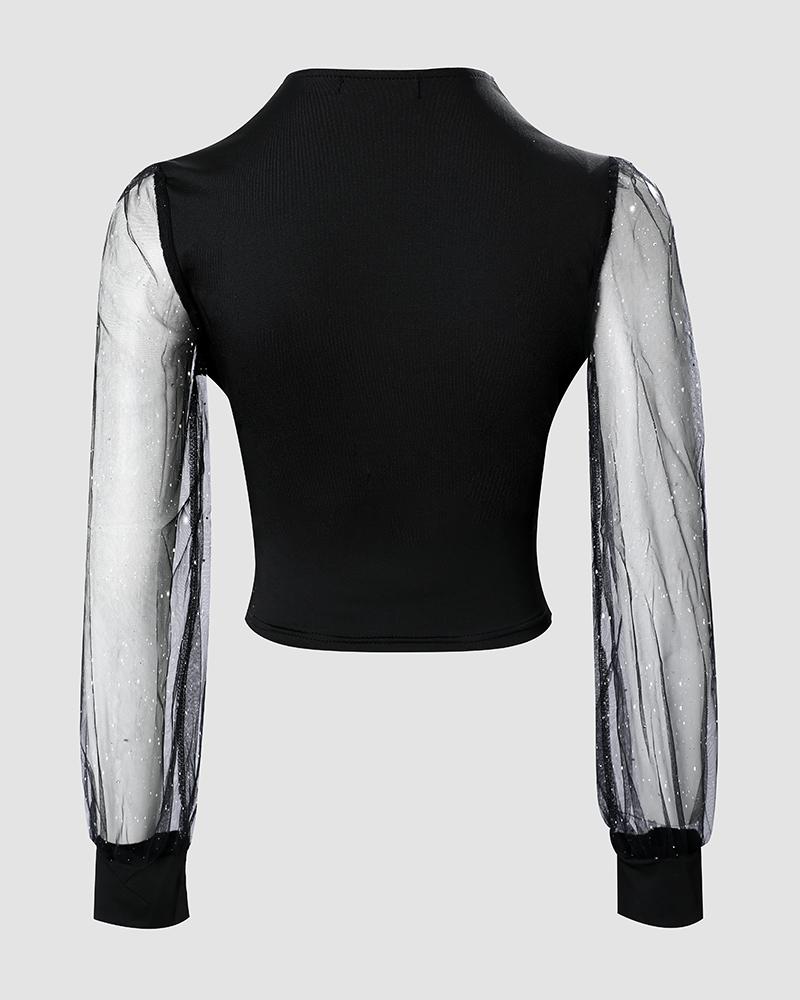 Glitter Contrast Mesh Long Sleeve Top