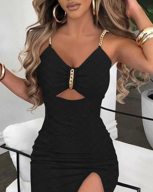 Eyelet Embroidery Chain Strap High Slit Dress