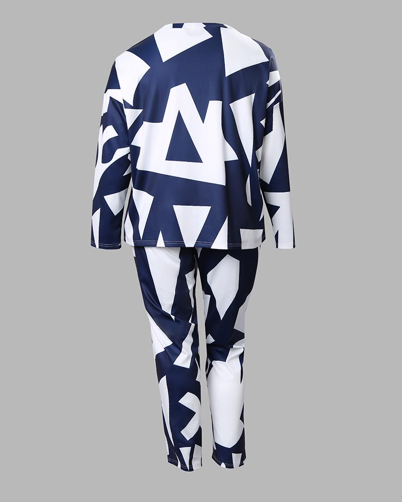 Plus Size Geometric Print Long Sleeve Top & Pants Set