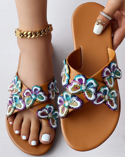 Sequin Butterfly Embroidery Slippers Cross Strap Sandals