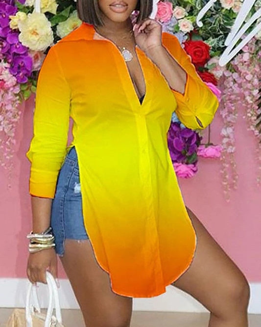 Ombre Colorblock Long Sleeve Slit Shirt