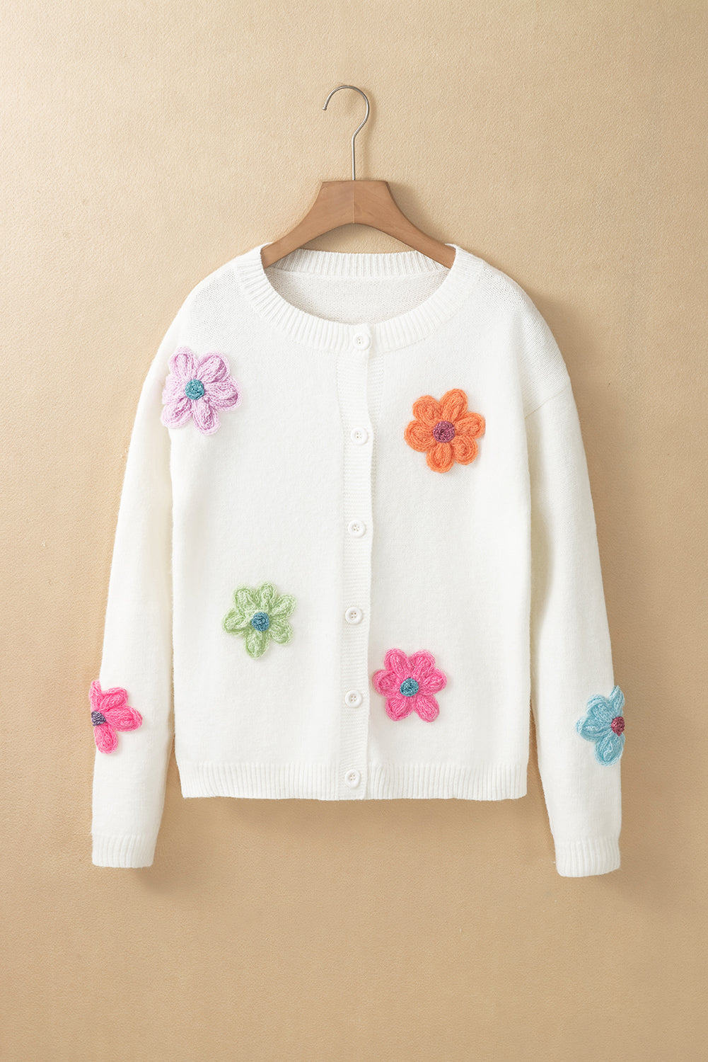 White Cute Knitted Floral Pattern Button Up Cardigan