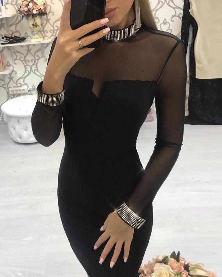 Hot Drilling Sheer Mesh Bodycon Dress