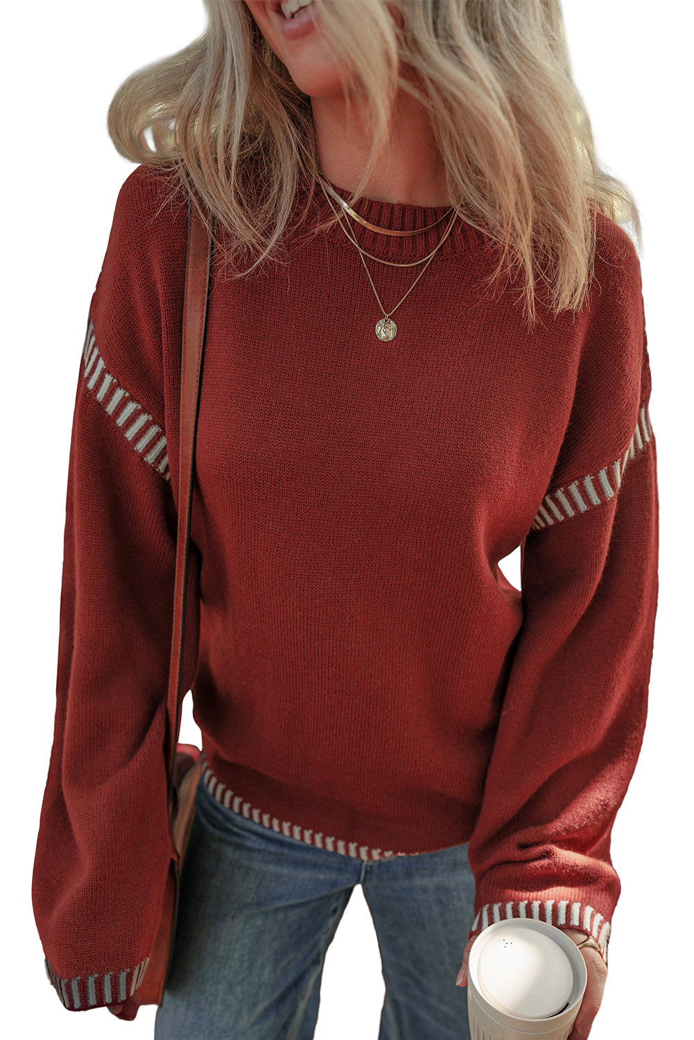 Red Dahlia Color Contrast Trim Drop Shoulder Crew Neck Sweater