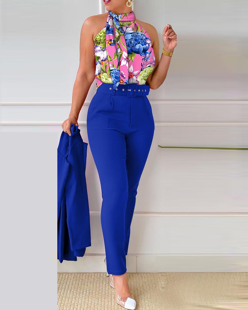 Floral Print Tie Neck Tank Top & High Waist Pants Set