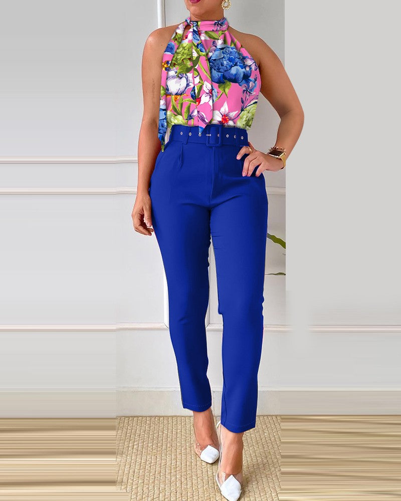 Floral Print Tie Neck Tank Top & High Waist Pants Set