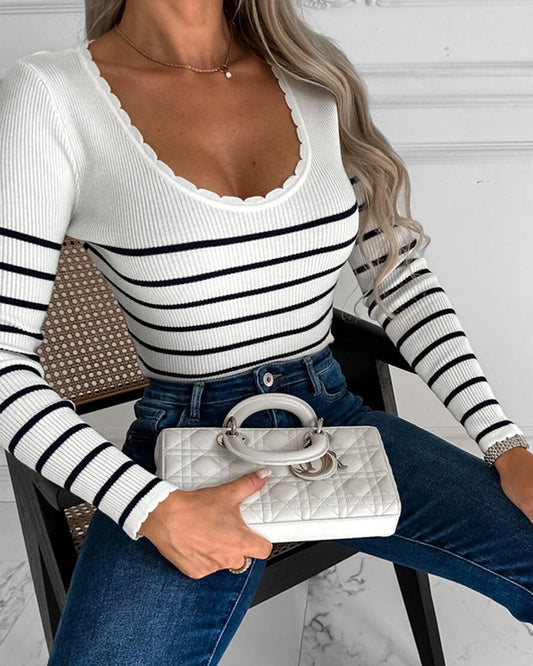 Striped Scallop Trim Knit Sweater