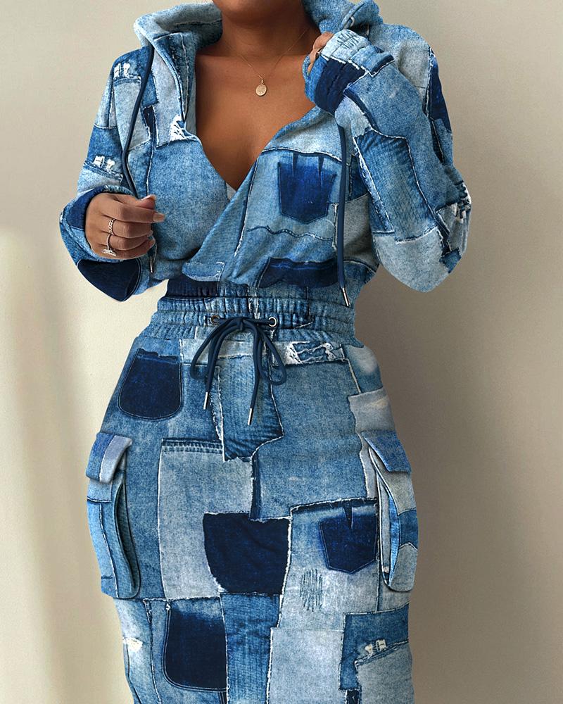 Denim Look Print Drawstring Hooded Sweatshirt Dress