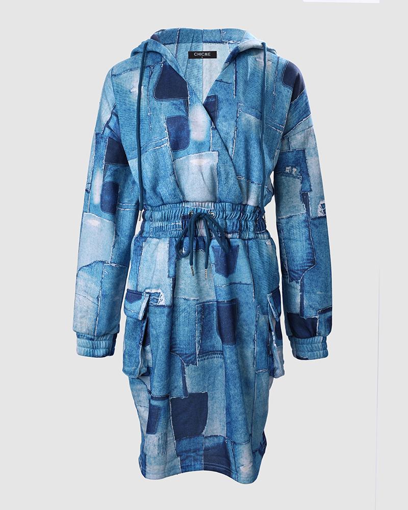 Denim Look Print Drawstring Hooded Sweatshirt Dress