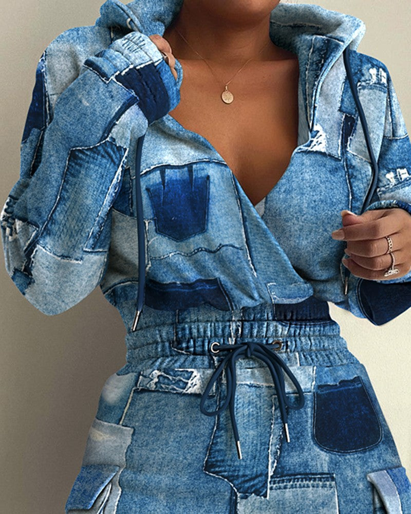 Denim Look Print Drawstring Hooded Sweatshirt Dress